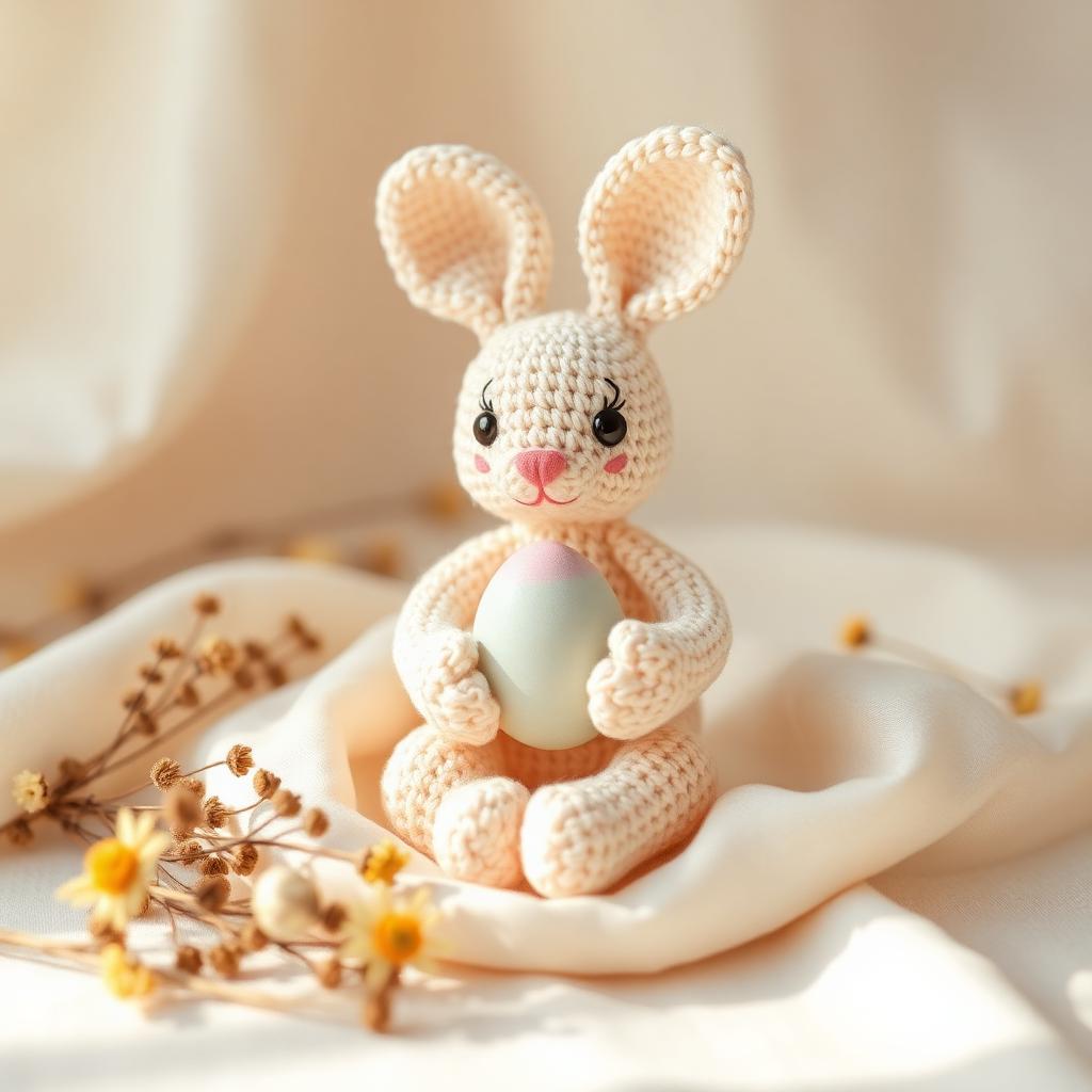 Handmade cream crochet Easter bunny holding a pastel egg on soft linen with dried flowers