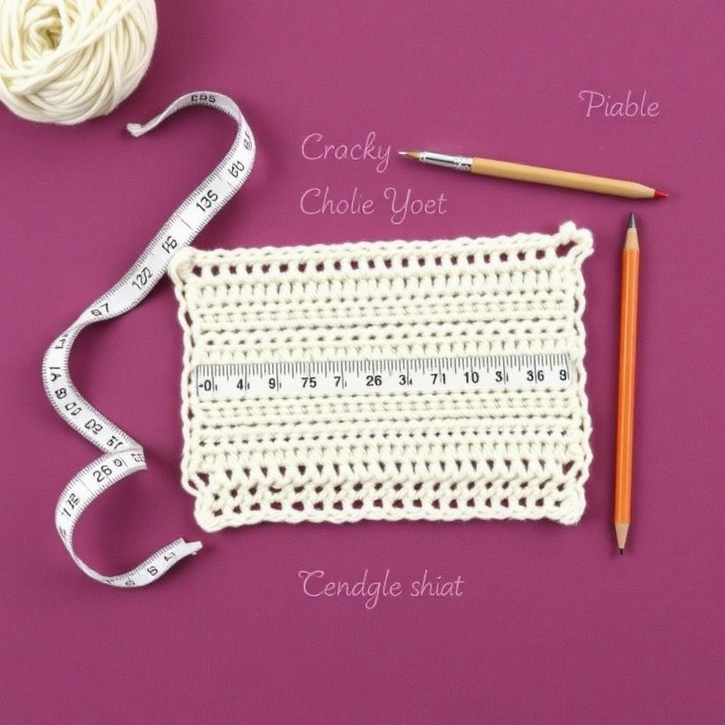 Cream cotton gauge swatch with measuring tape and pencil on a plum background