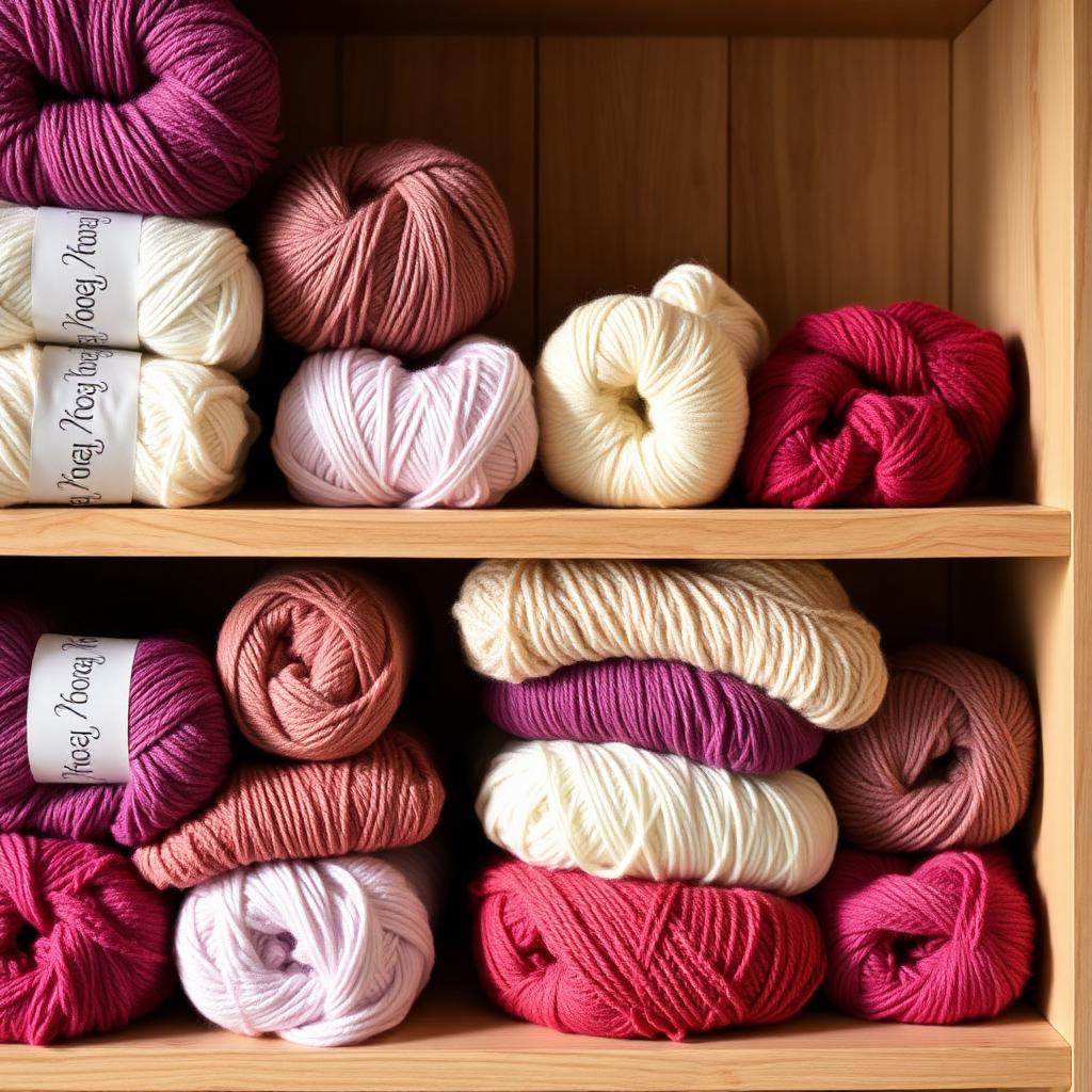 Colourful yarn balls in plum, rose and cream stacked on a wooden shelf